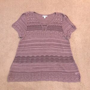Westport Crochet Knit Top Women XL Purple Short Sleeve Boho Chic Summer Cover Up